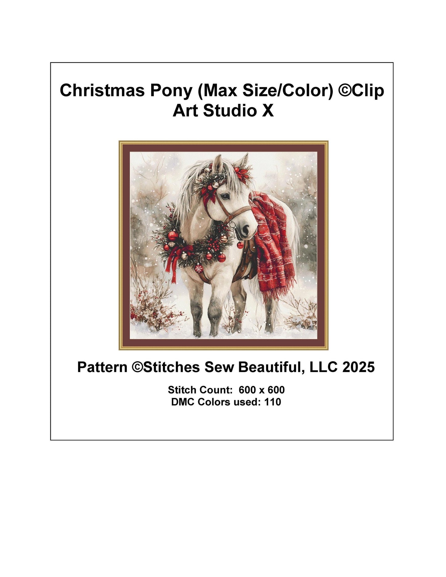 Christmas Pony (Max Size/Color) counted cross stitch pattern by Clip Art Studio X
