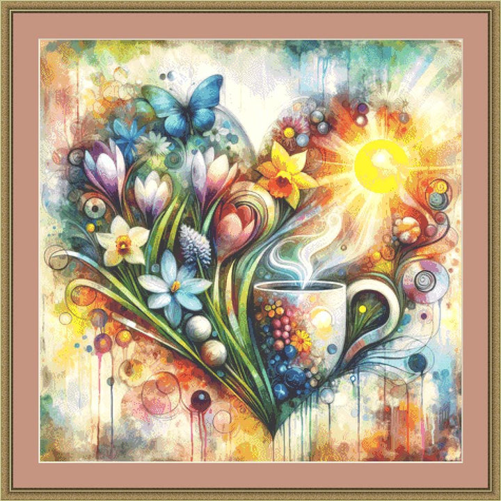 Sunshine, Flowers, and a Perfectly Brewed Cup of Coffee counted cross stitch pattern by World of Love Hearts/Adrian G. Eyre