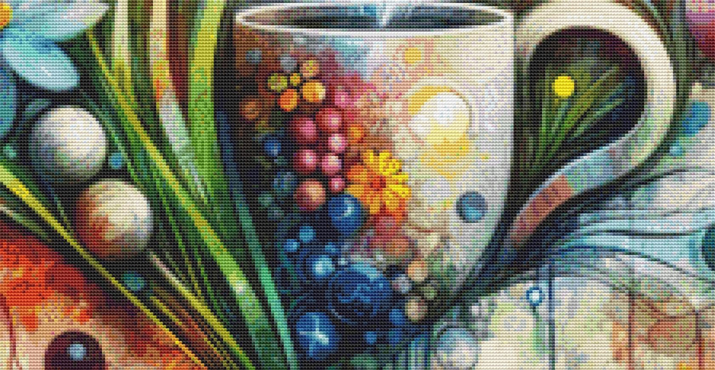 Sunshine, Flowers, and a Perfectly Brewed Cup of Coffee counted cross stitch pattern by World of Love Hearts/Adrian G. Eyre