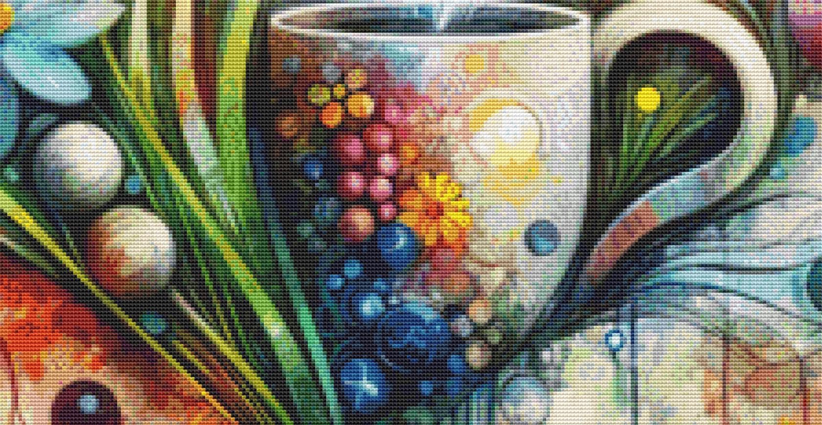 Sunshine, Flowers, and a Perfectly Brewed Cup of Coffee counted cross stitch pattern by World of Love Hearts/Adrian G. Eyre