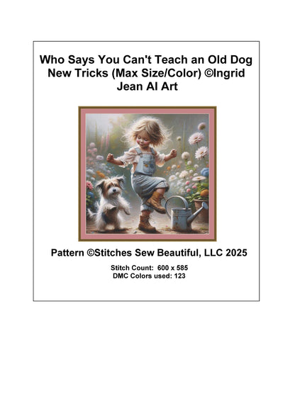 Who Says You Can't Teach an Old Dog New Tricks (Max Size/Color) counted cross stitch pattern by Ingrid Jean AI Art