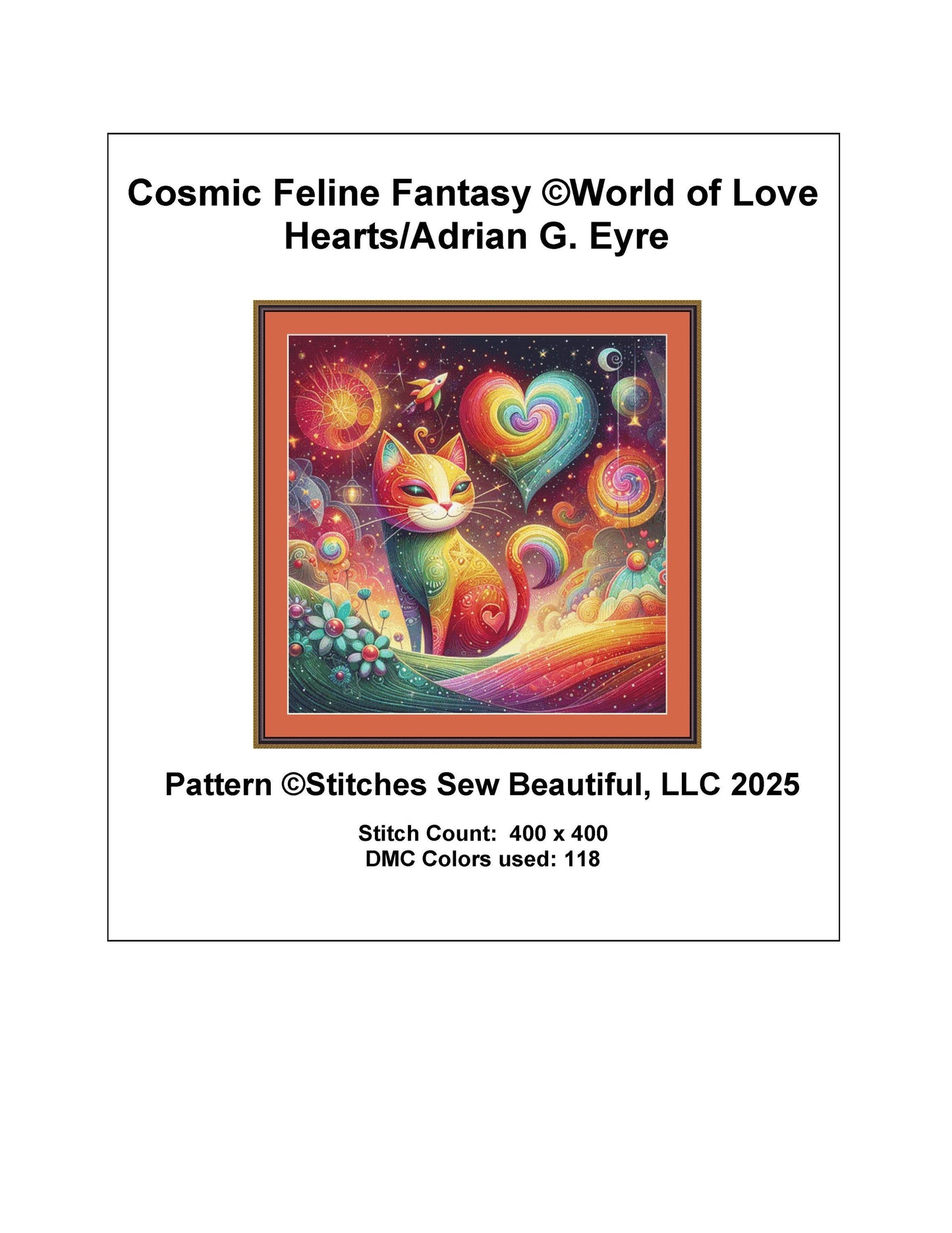Cosmic Feline Fantasy counted cross stitch pattern by World of Love Hearts/Adrian G. Eyre