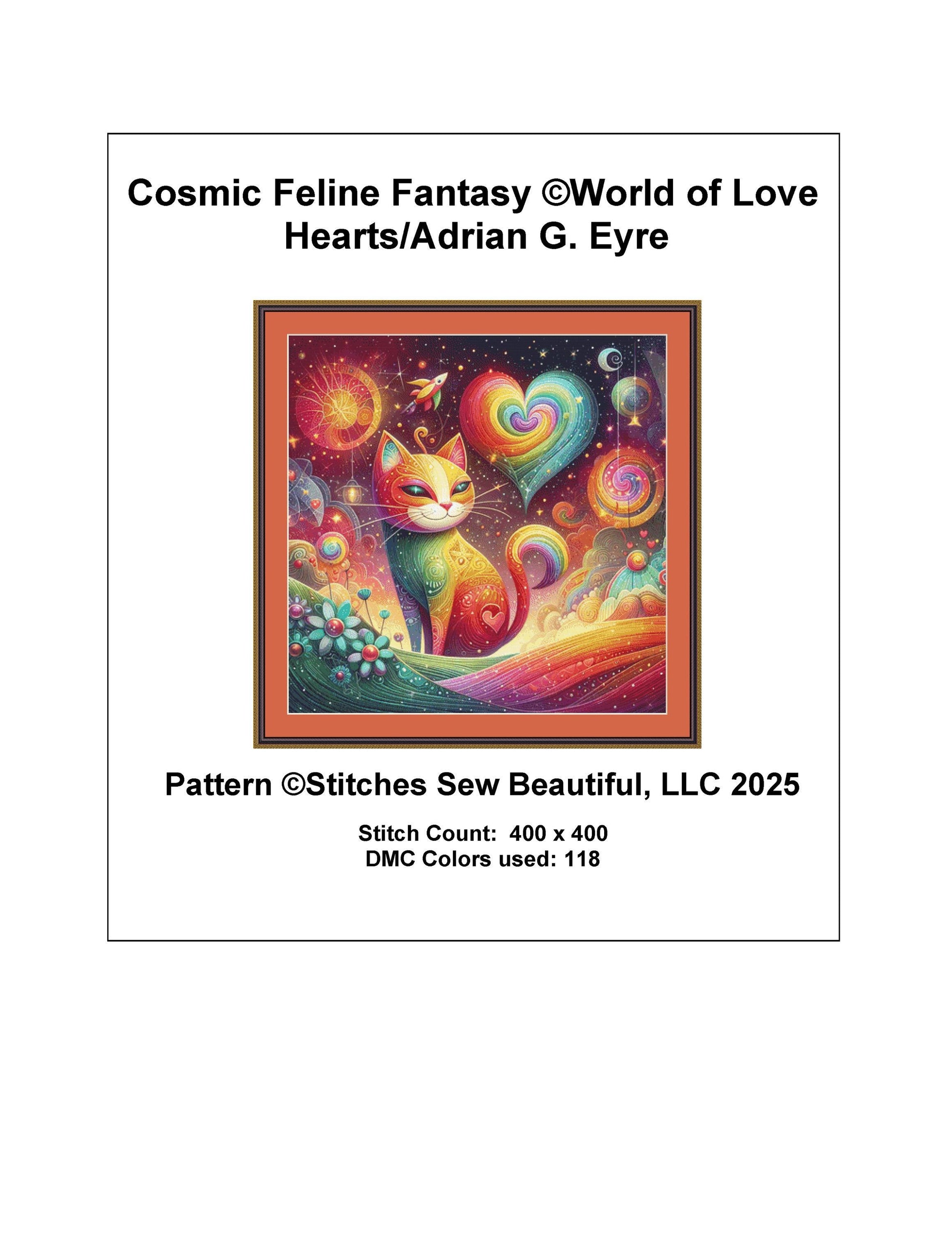 Cosmic Feline Fantasy counted cross stitch pattern by World of Love Hearts/Adrian G. Eyre