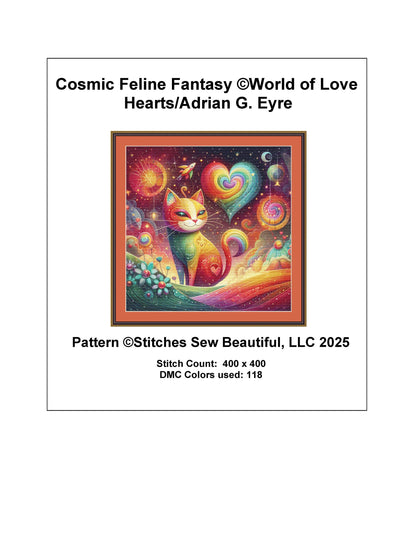 Cosmic Feline Fantasy counted cross stitch pattern by World of Love Hearts/Adrian G. Eyre