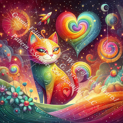 Cosmic Feline Fantasy counted cross stitch pattern by World of Love Hearts/Adrian G. Eyre