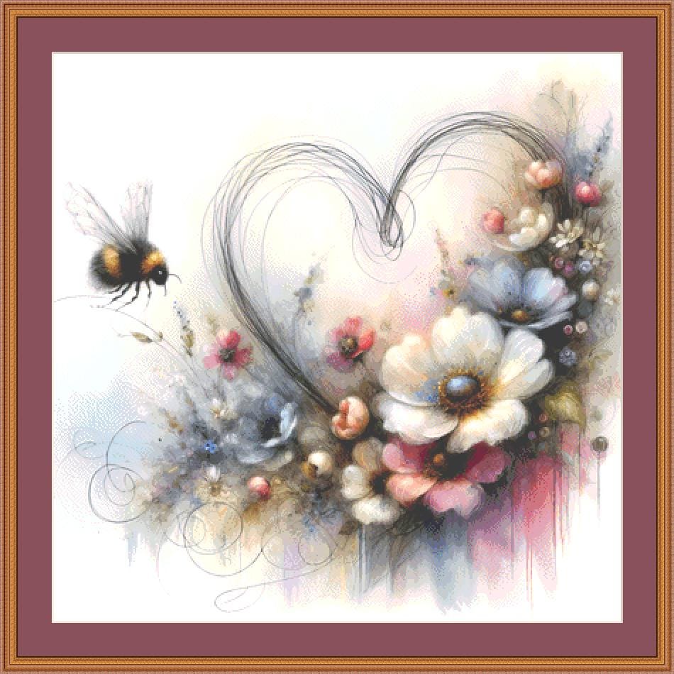 Floral Heart Bumblebee Soul counted cross stitch pattern by World of Love Hearts/Adrian G. Eyre