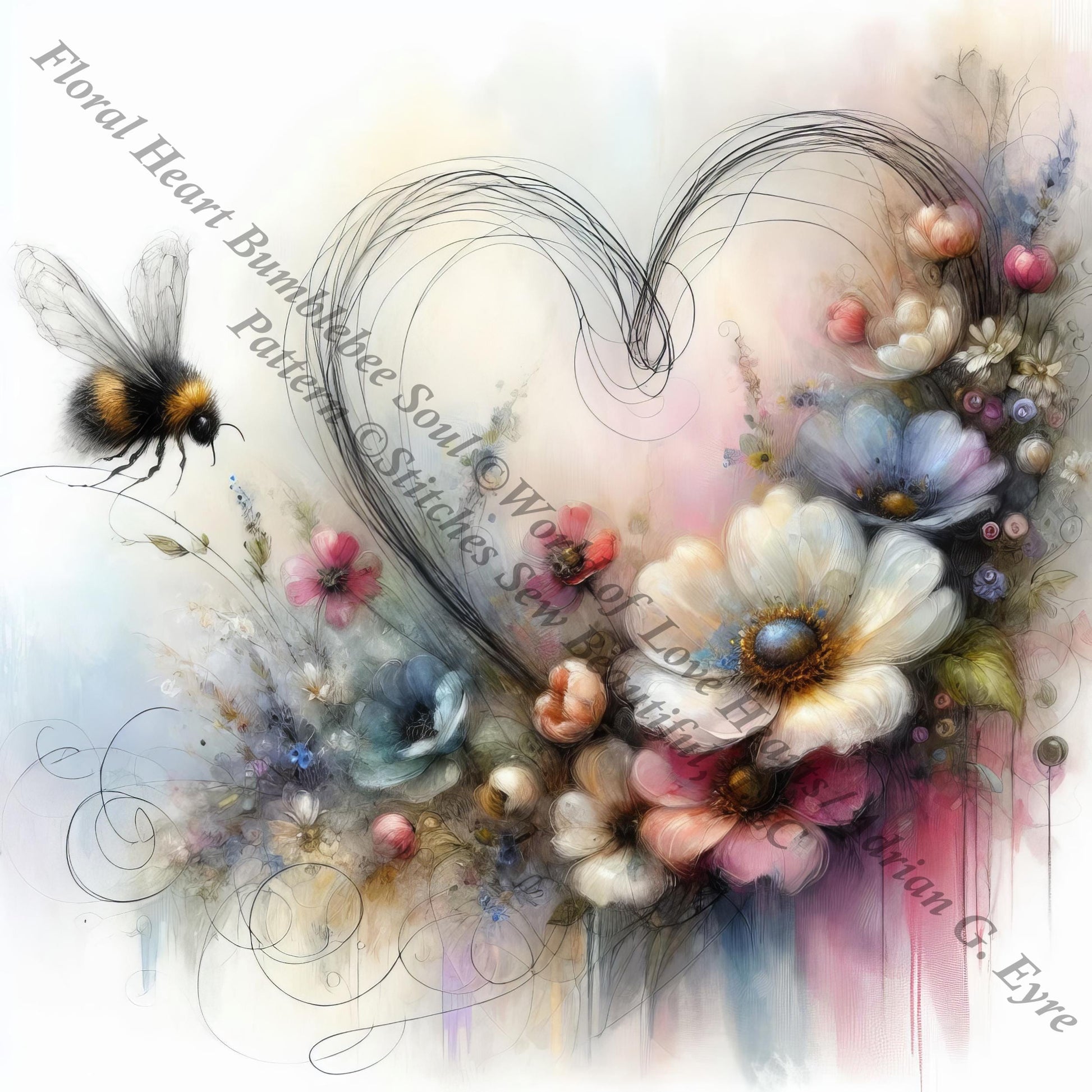 Floral Heart Bumblebee Soul counted cross stitch pattern by World of Love Hearts/Adrian G. Eyre