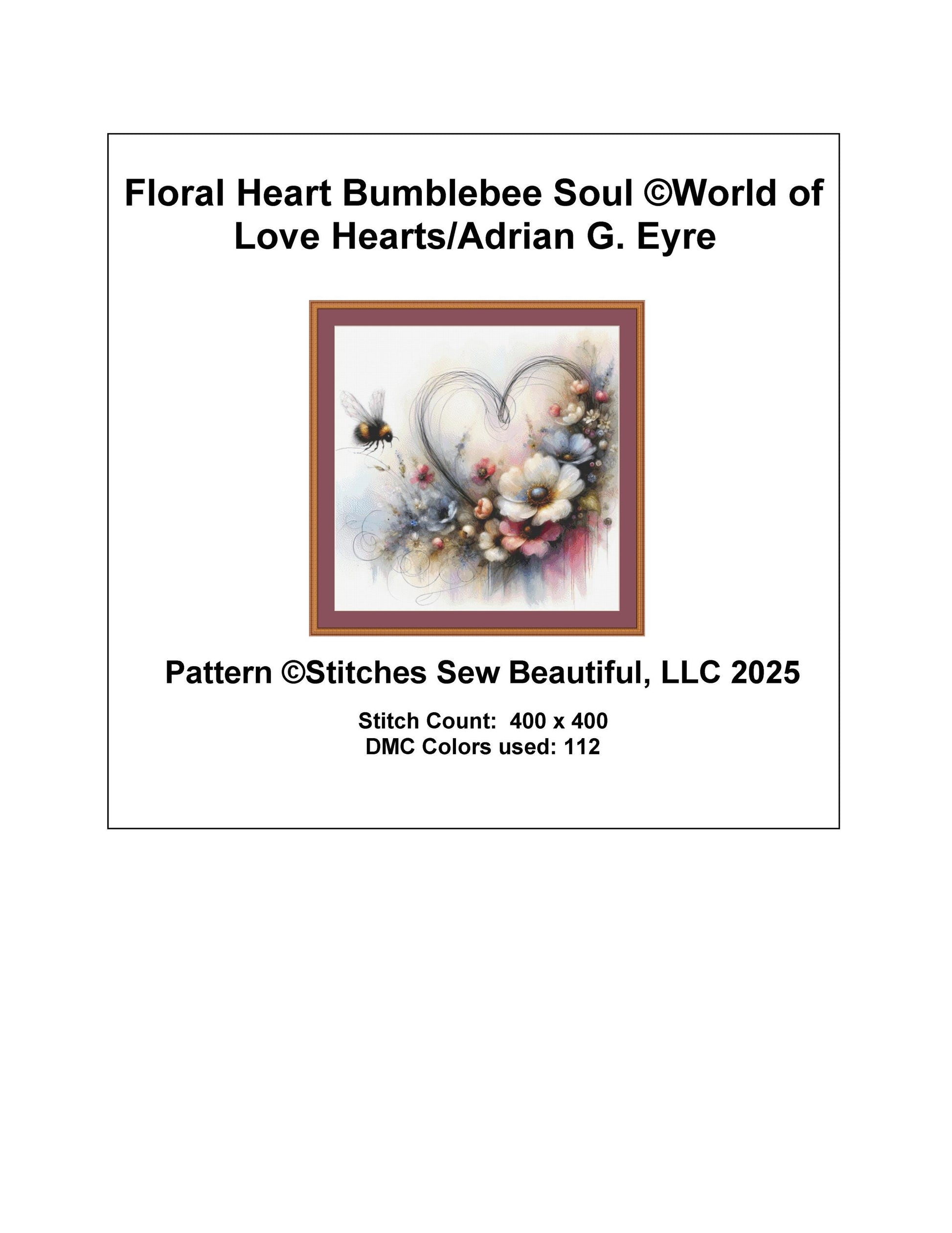 Floral Heart Bumblebee Soul counted cross stitch pattern by World of Love Hearts/Adrian G. Eyre