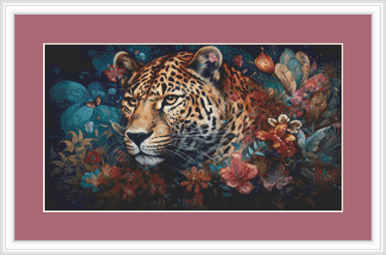 Leopard in Flowers (Small) counted cross stitch pattern ©Adobe Ext. License