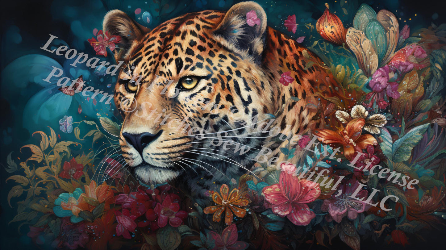 Leopard in Flowers (Small) counted cross stitch pattern ©Adobe Ext. License