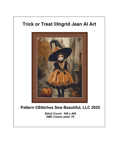 Trick or Treat counted cross stitch pattern by Ingrid Jean AI Art