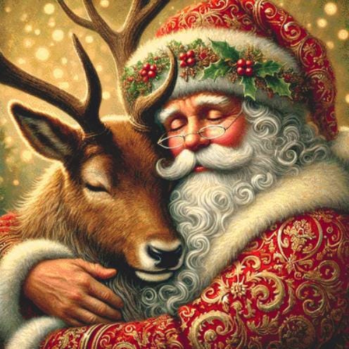 Tender Santa and Reindeer counted cross stitch pattern by Mystic Vision Gallery