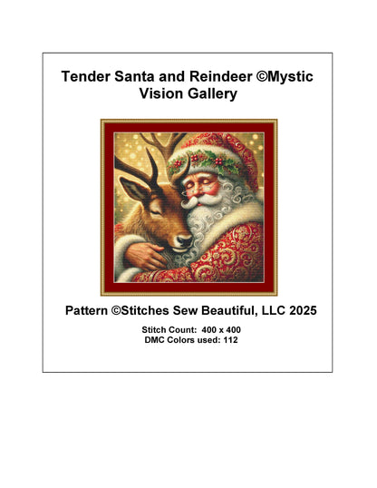 Tender Santa and Reindeer counted cross stitch pattern by Mystic Vision Gallery