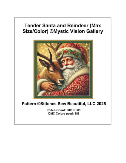 Tender Santa and Reindeer (Max Size/Color) counted cross stitch pattern by Mystic Vision Gallery
