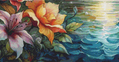 Celestial Sky Over Moonlit Waves counted cross stitch pattern by Escape Journals