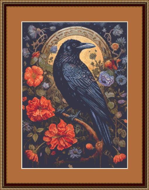 Gothic Botanical Raven (Small) counted cross stitch pattern by Dutch Lady Mystic Art