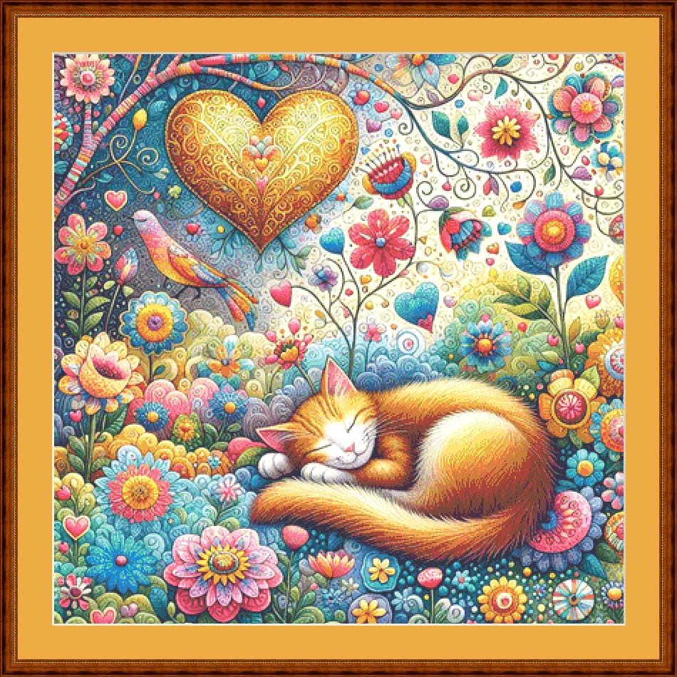 Peaceful Cat Nap in Whimsical Blooms counted cross stitch pattern by World of Love Hearts/Adrian G. Eyre