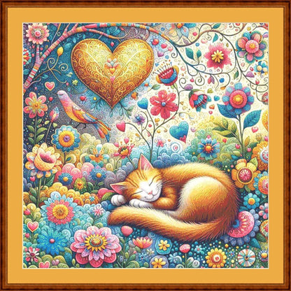 Peaceful Cat Nap in Whimsical Blooms counted cross stitch pattern by World of Love Hearts/Adrian G. Eyre