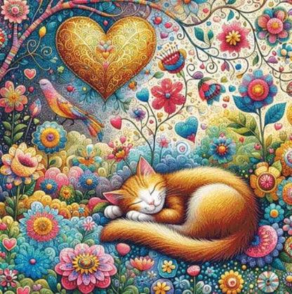 Peaceful Cat Nap in Whimsical Blooms counted cross stitch pattern by World of Love Hearts/Adrian G. Eyre