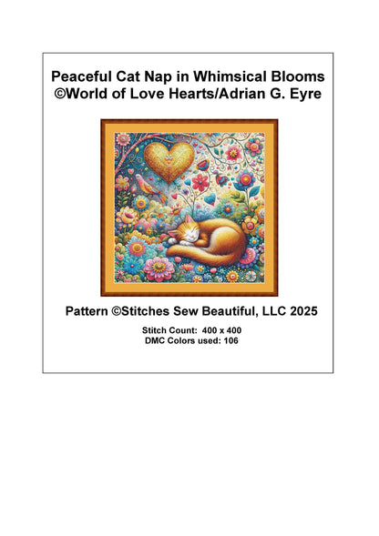 Peaceful Cat Nap in Whimsical Blooms counted cross stitch pattern by World of Love Hearts/Adrian G. Eyre