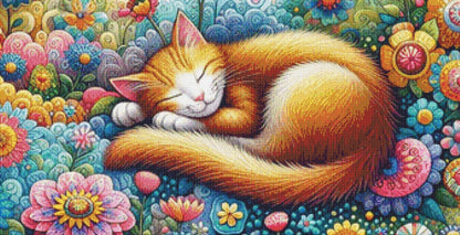 Peaceful Cat Nap in Whimsical Blooms counted cross stitch pattern by World of Love Hearts/Adrian G. Eyre