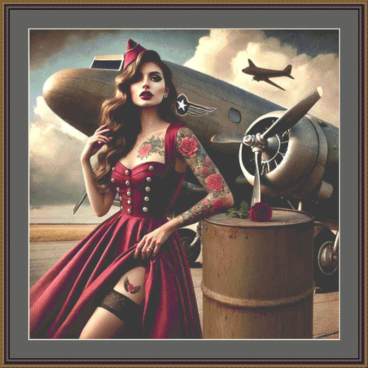 Aviator Pin-Up counted cross stitch pattern by Mystic Vision Gallery