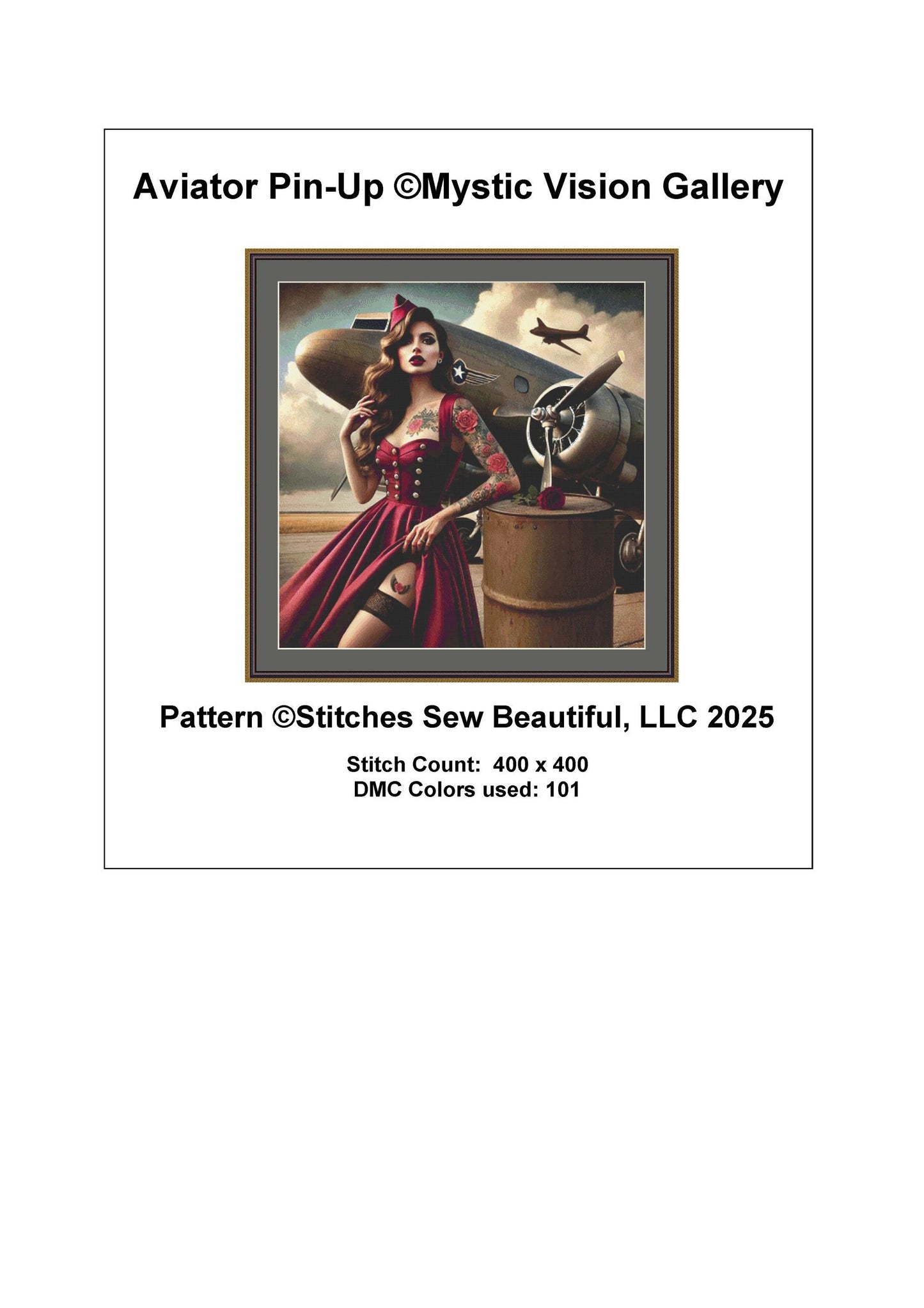 Aviator Pin-Up counted cross stitch pattern by Mystic Vision Gallery