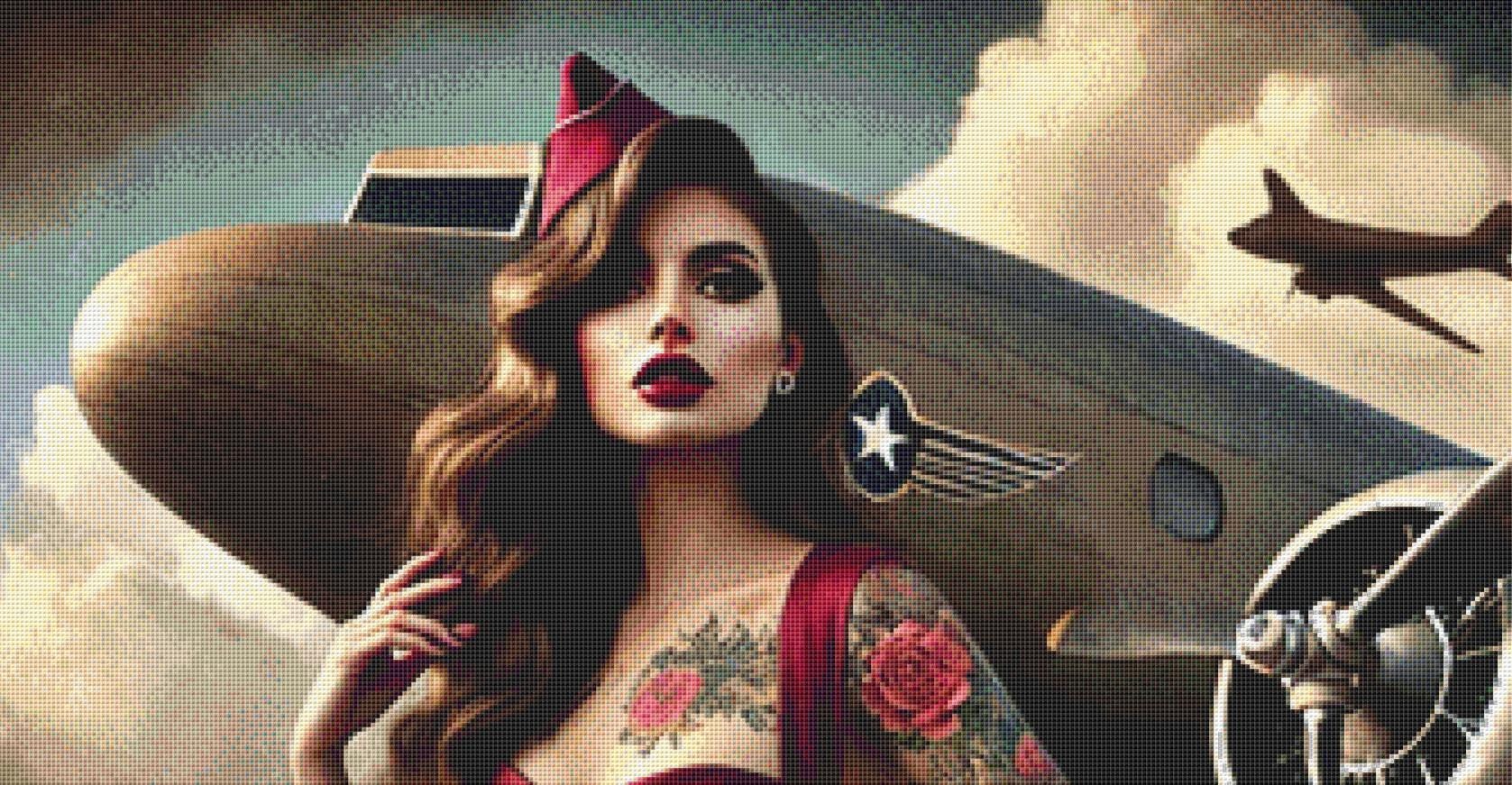 Aviator Pin-Up counted cross stitch pattern by Mystic Vision Gallery