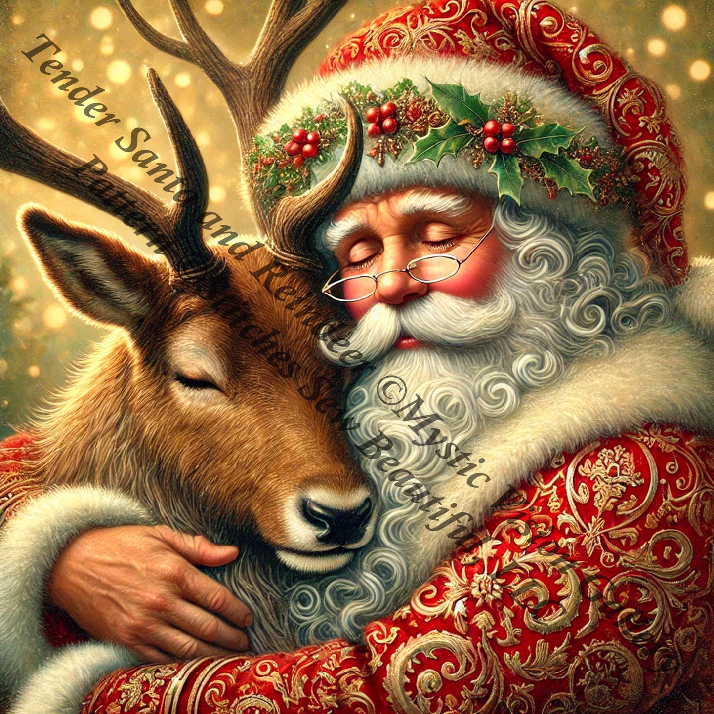 Tender Santa and Reindeer counted cross stitch pattern by Mystic Vision Gallery