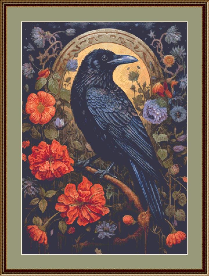 Gothic Botanical Raven counted cross stitch pattern by Dutch Lady Mystic Art