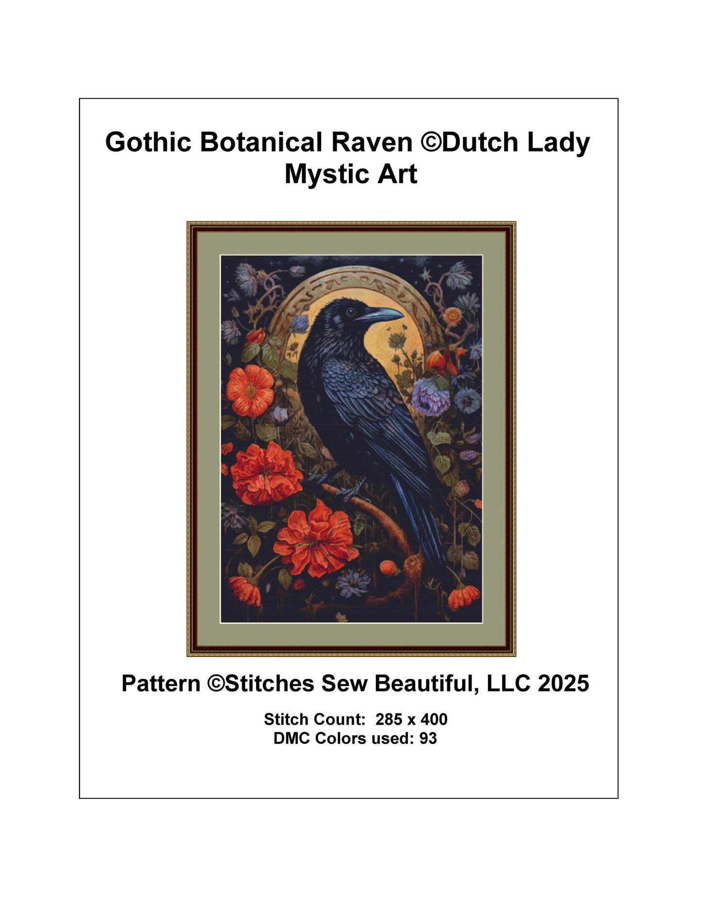 Gothic Botanical Raven counted cross stitch pattern by Dutch Lady Mystic Art