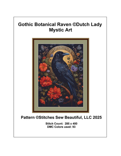 Gothic Botanical Raven counted cross stitch pattern by Dutch Lady Mystic Art