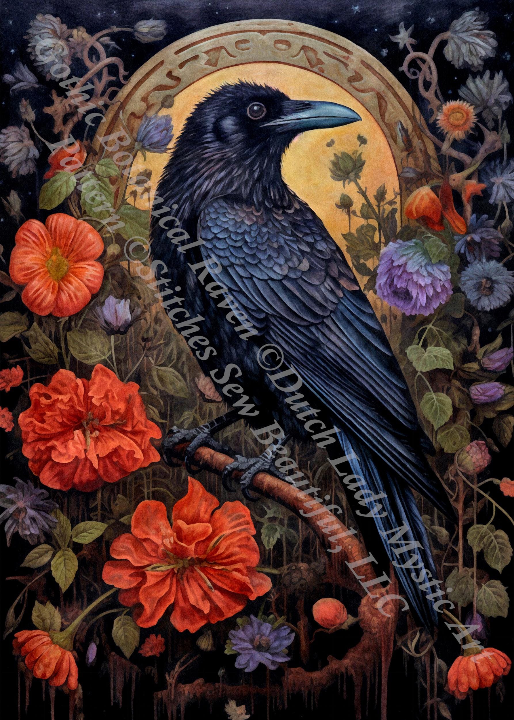 Gothic Botanical Raven counted cross stitch pattern by Dutch Lady Mystic Art