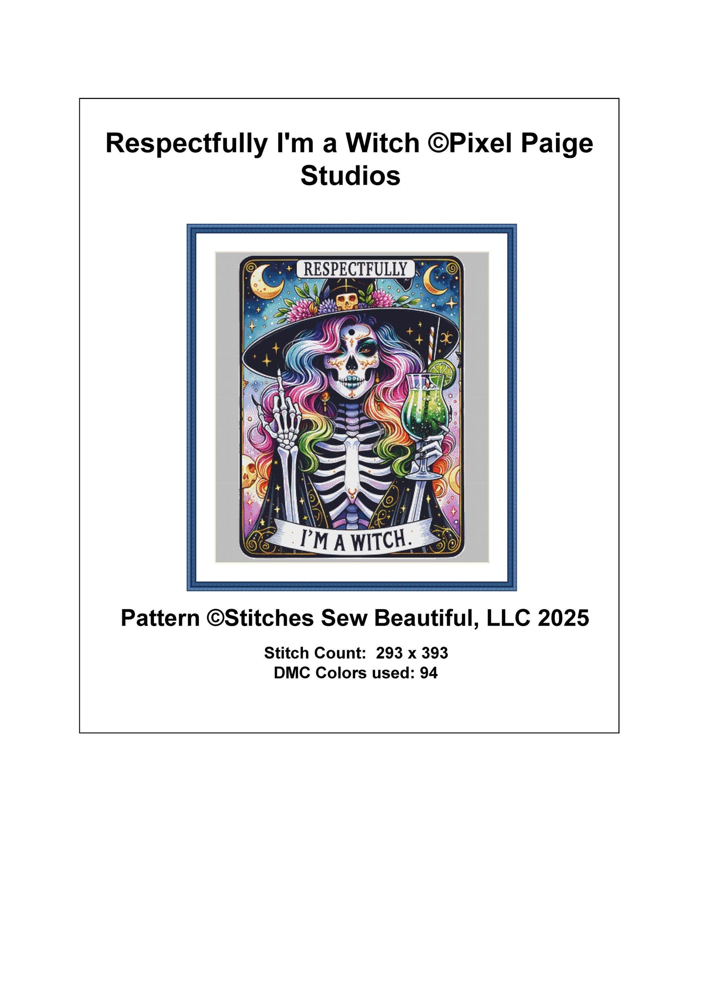 Respectfully I'm a Witch counted cross stitch pattern by Pixel Paige Studio