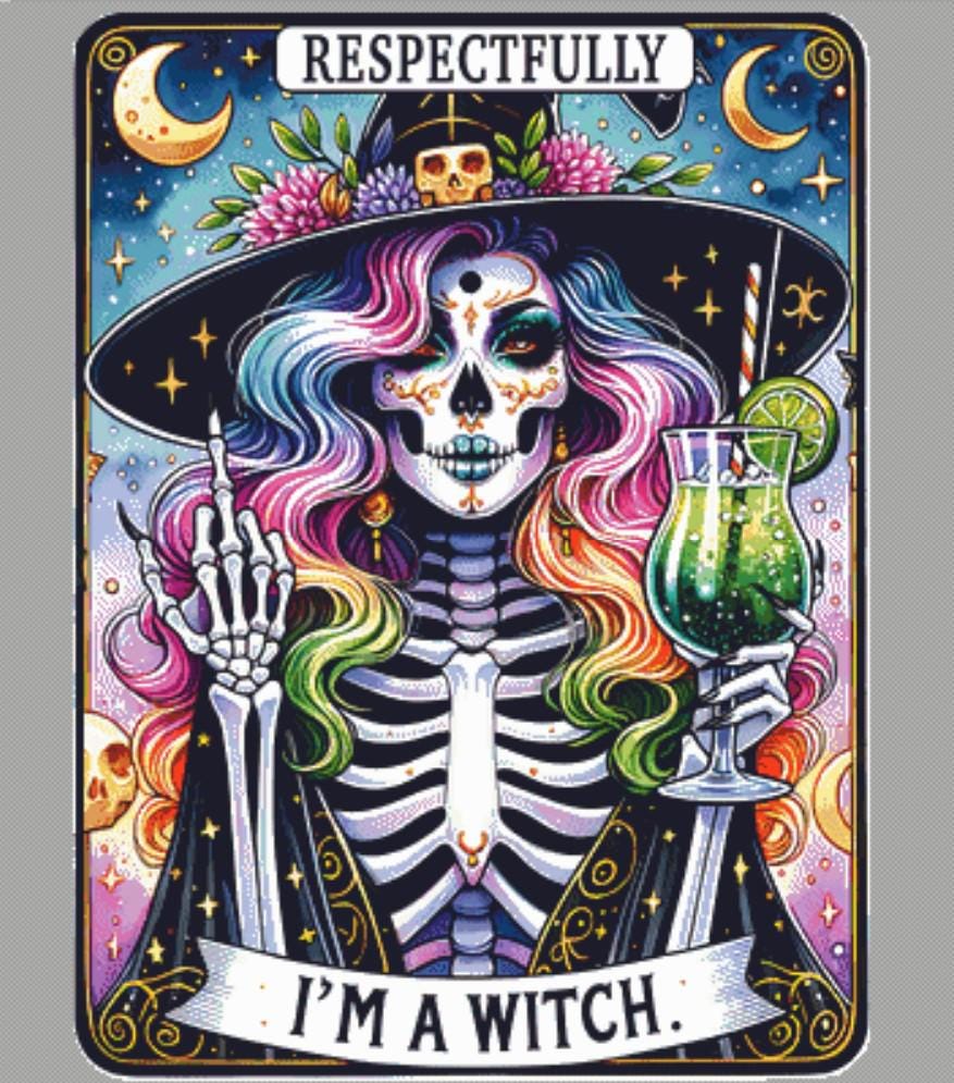 Respectfully I'm a Witch counted cross stitch pattern by Pixel Paige Studio