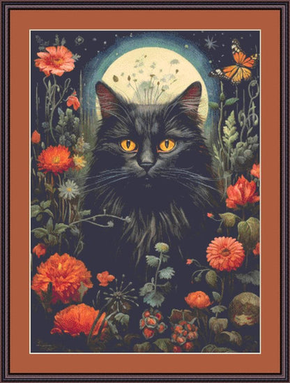Gothic Botanical Cat counted cross stitch pattern by Dutch Lady Mystic Art