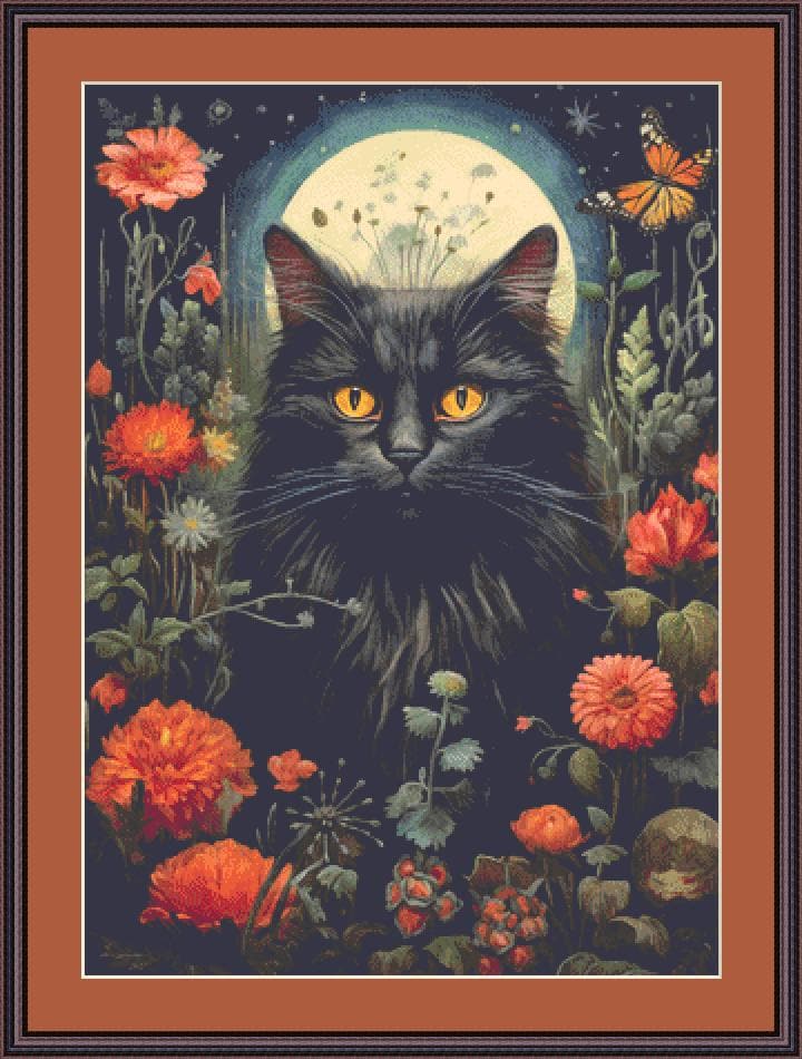 Gothic Botanical Cat counted cross stitch pattern by Dutch Lady Mystic Art