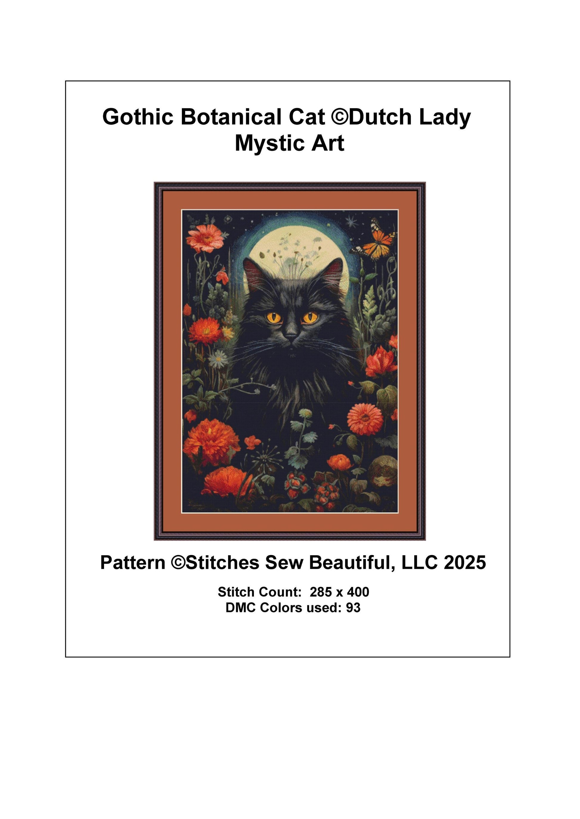 Gothic Botanical Cat counted cross stitch pattern by Dutch Lady Mystic Art