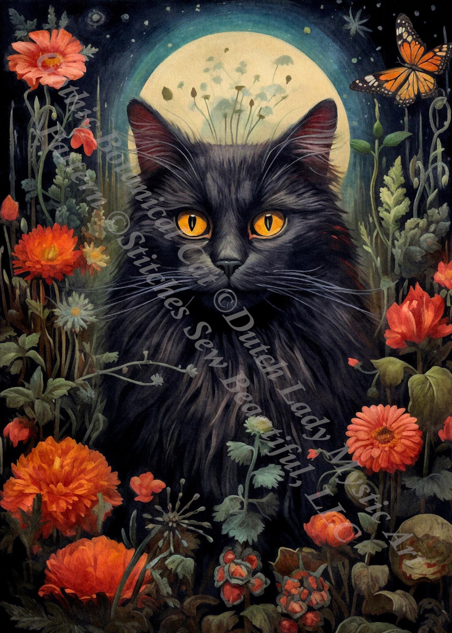 Gothic Botanical Cat counted cross stitch pattern by Dutch Lady Mystic Art