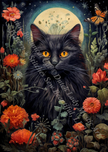 Gothic Botanical Cat counted cross stitch pattern by Dutch Lady Mystic Art