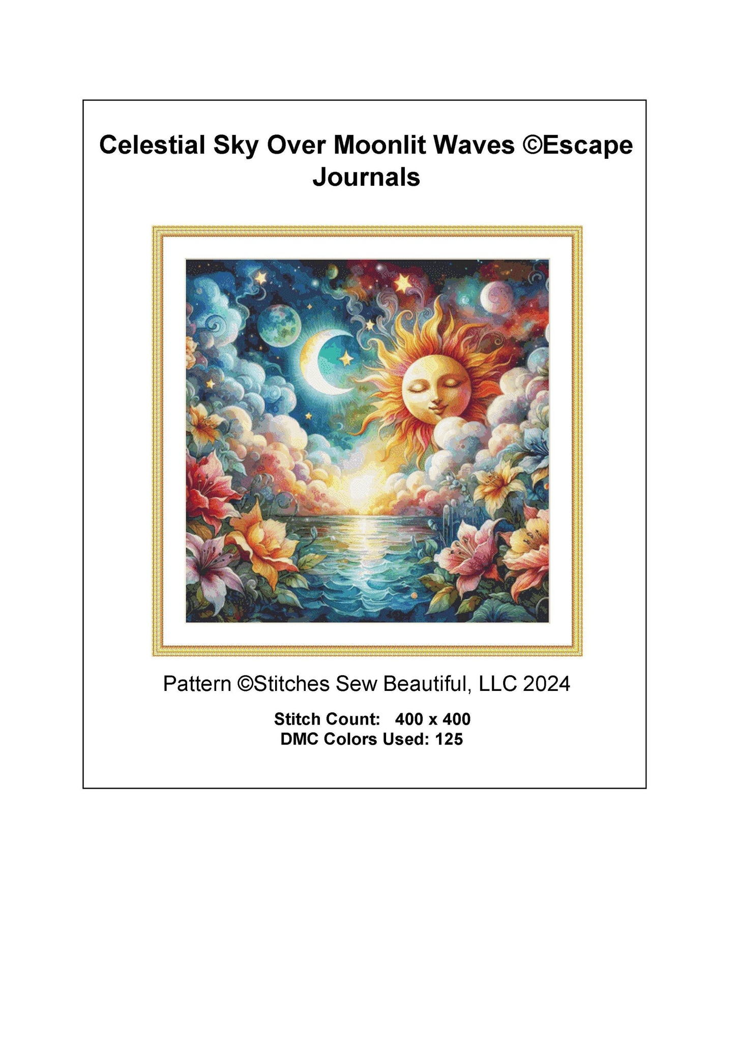 Celestial Sky Over Moonlit Waves counted cross stitch pattern by Escape Journals