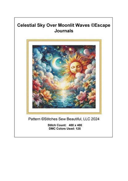 Celestial Sky Over Moonlit Waves counted cross stitch pattern by Escape Journals