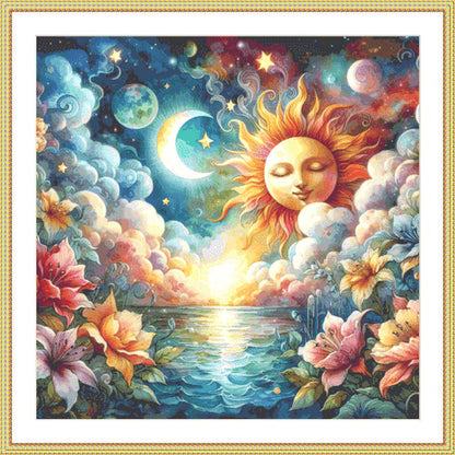 Celestial Sky Over Moonlit Waves counted cross stitch pattern by Escape Journals