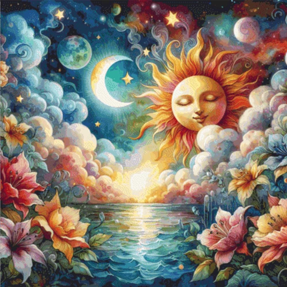 Celestial Sky Over Moonlit Waves counted cross stitch pattern by Escape Journals