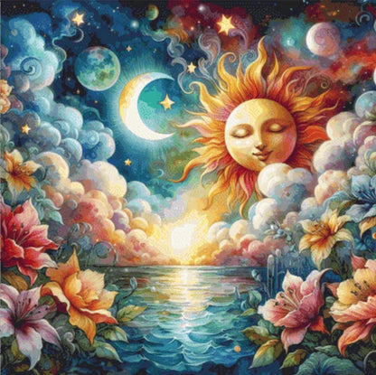 Celestial Sky Over Moonlit Waves counted cross stitch pattern by Escape Journals