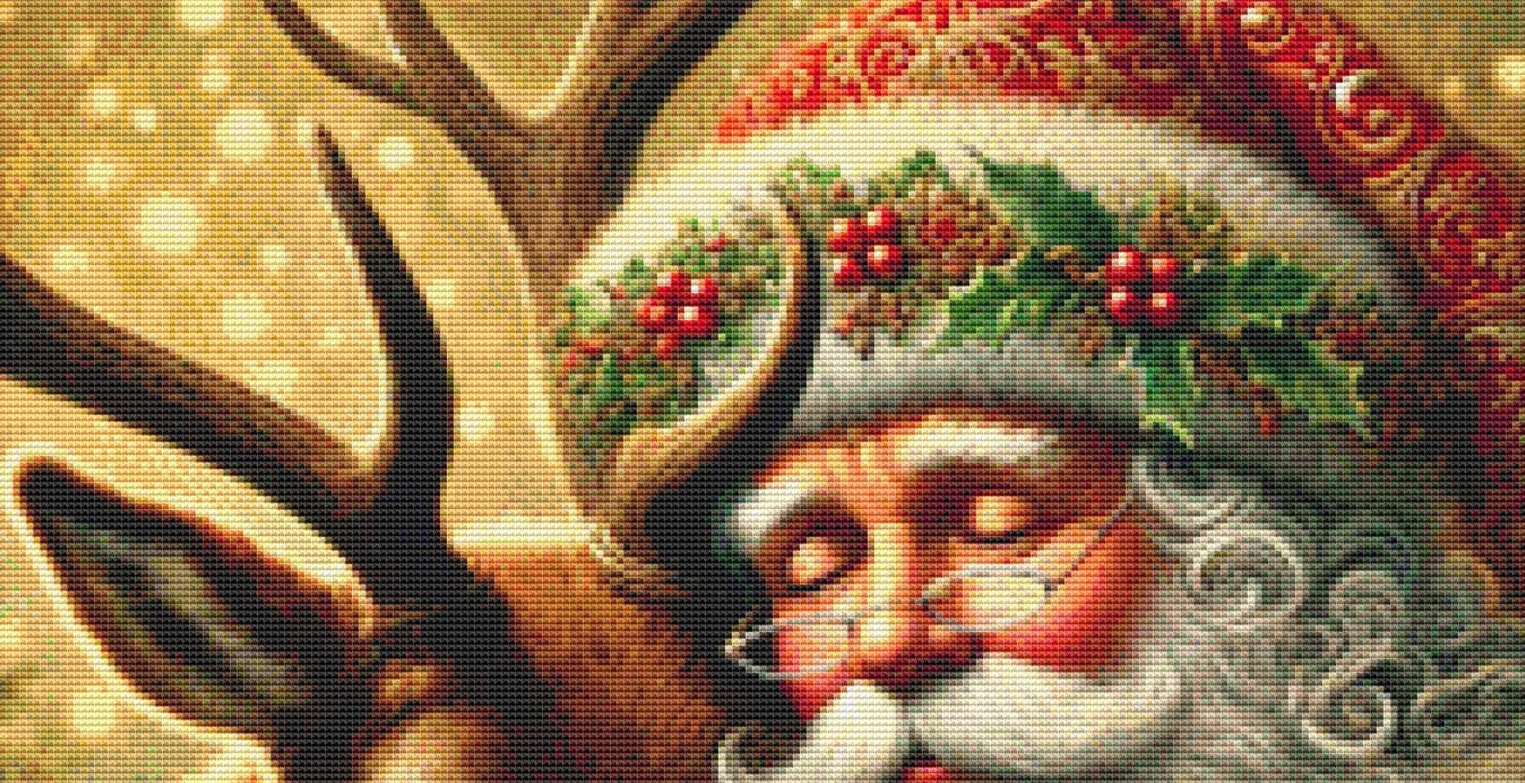Tender Santa and Reindeer (Small) counted cross stitch pattern by Mystic Vision Gallery