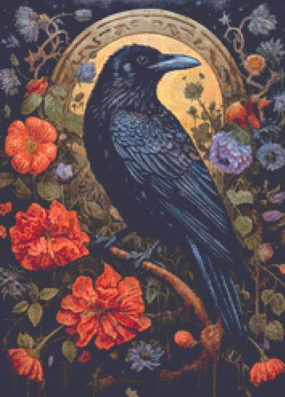 Gothic Botanical Raven (Small) counted cross stitch pattern by Dutch Lady Mystic Art