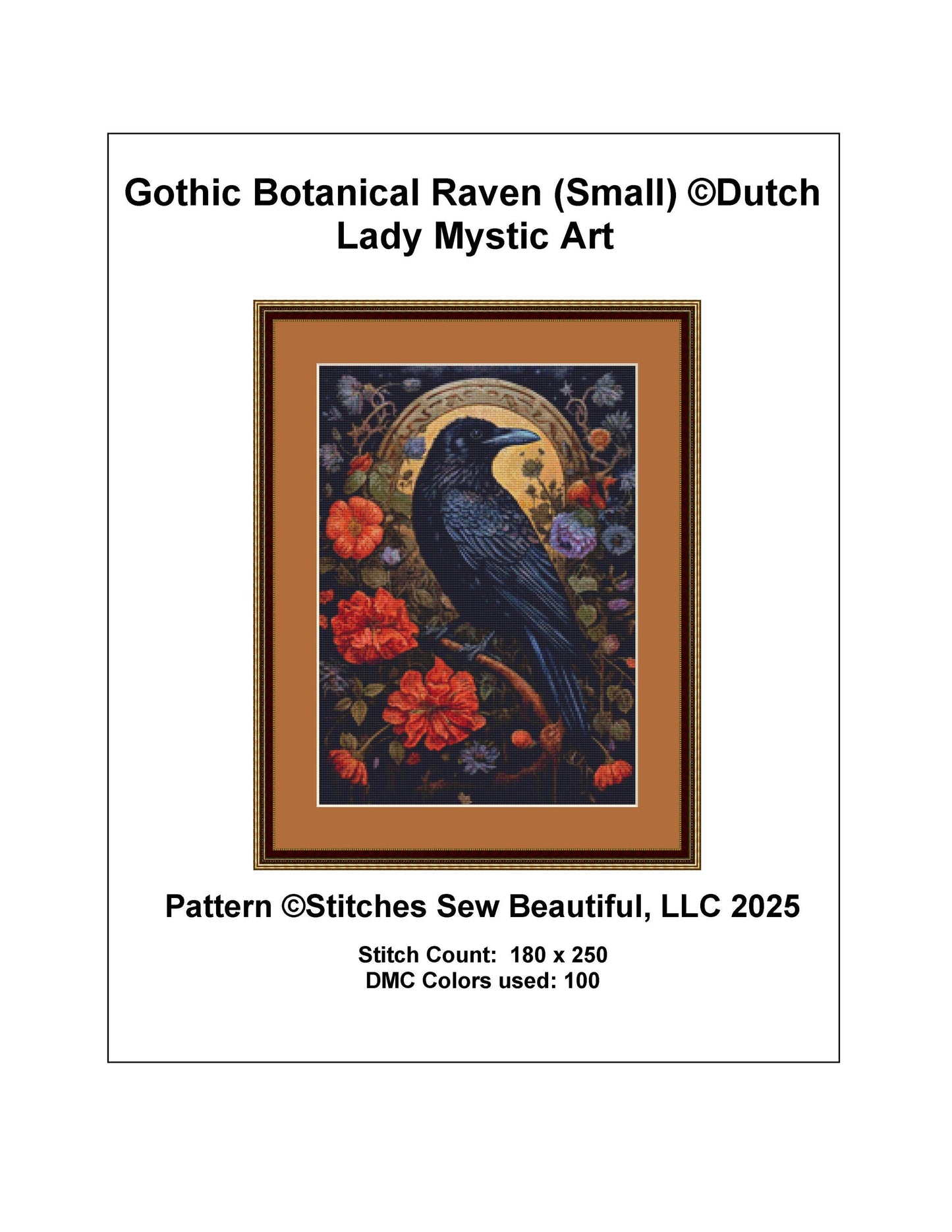 Gothic Botanical Raven (Small) counted cross stitch pattern by Dutch Lady Mystic Art