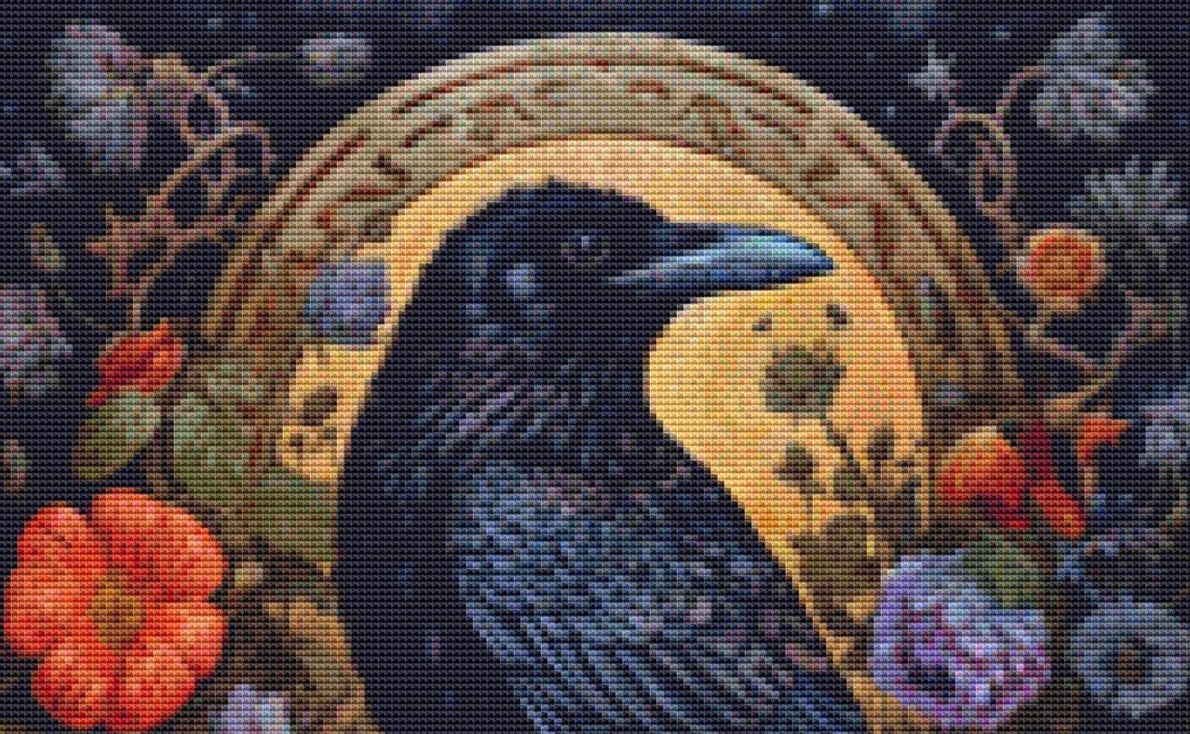 Gothic Botanical Raven (Small) counted cross stitch pattern by Dutch Lady Mystic Art