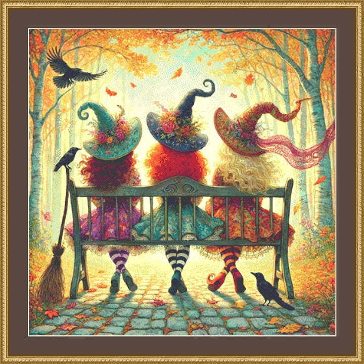 Whimsical Witches on Bench counted cross stitch pattern by Mystic Vision Gallery